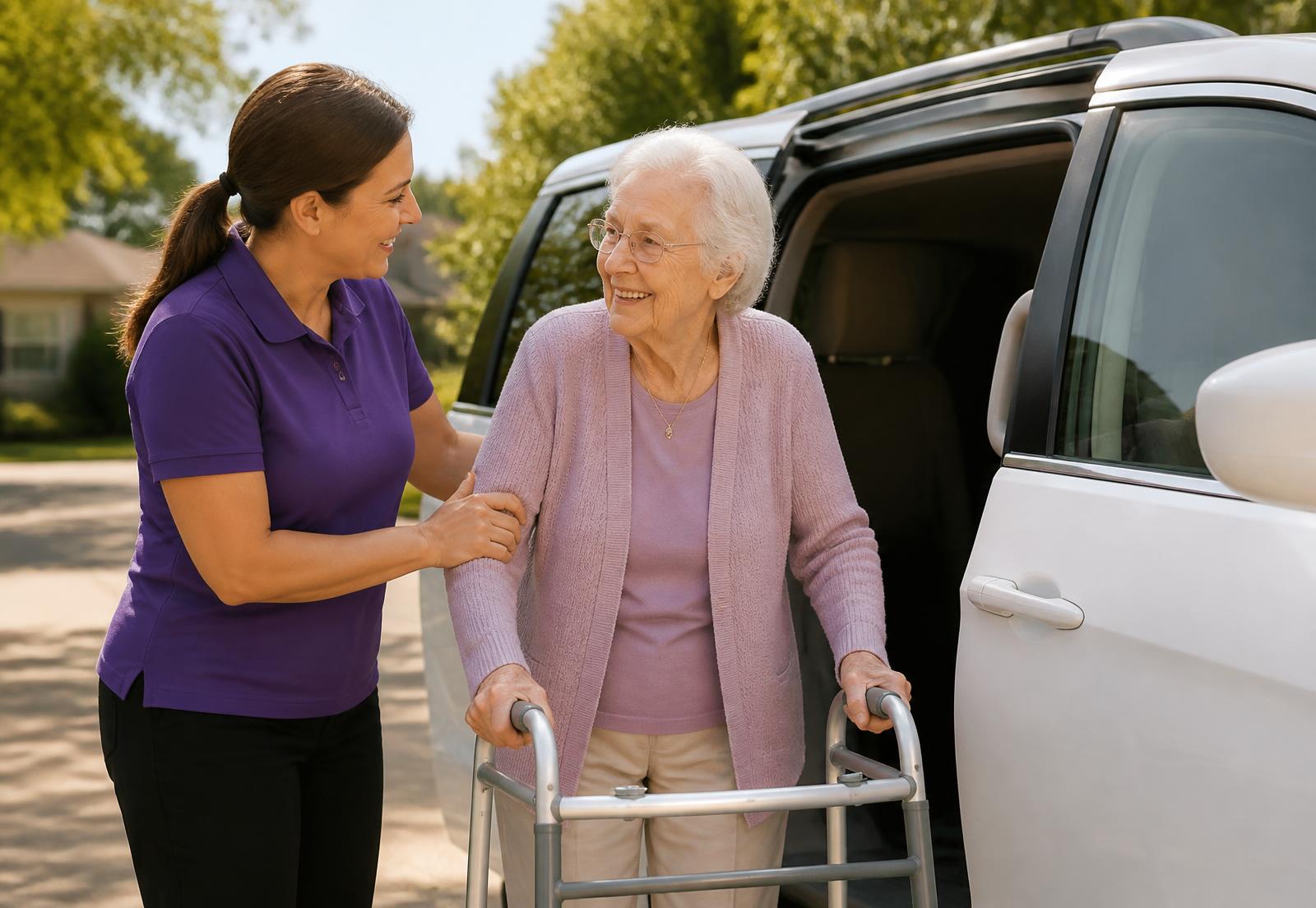 Caregiver helping a senior woman into an accessible van